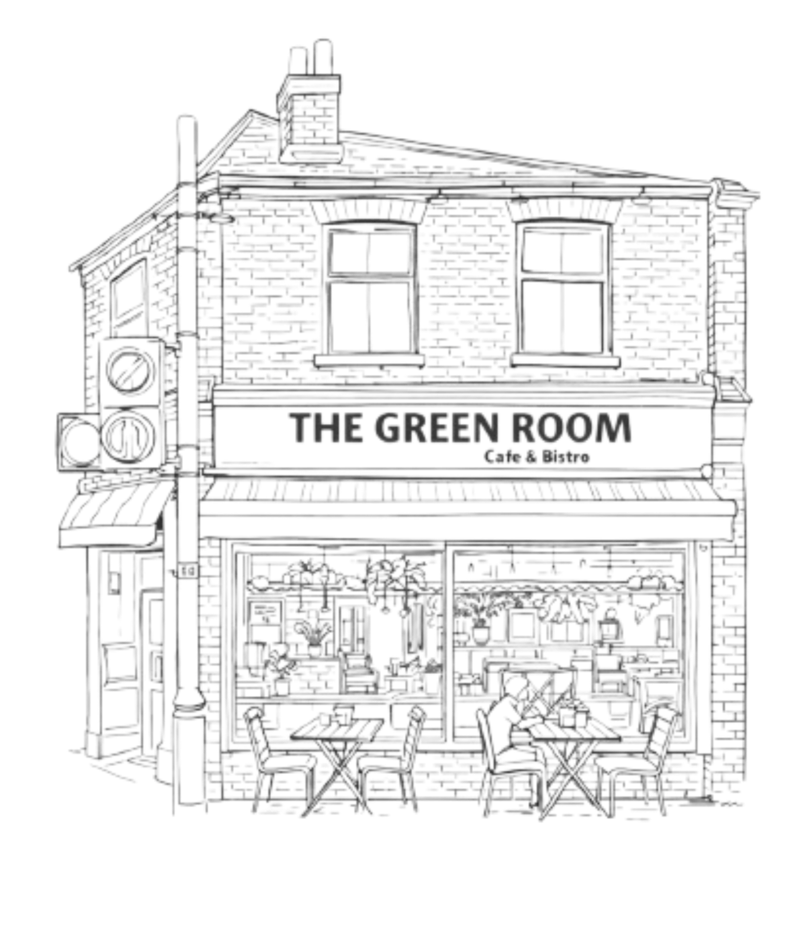 Illustration of The Green Room Café & Bistro storefront